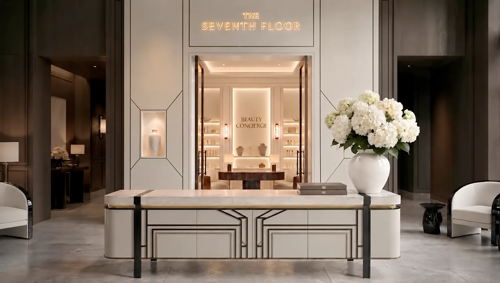 Heller Concierge Desk mit braunen Büchern und weißen Hortensien vor der Boutique The Seventh Floor